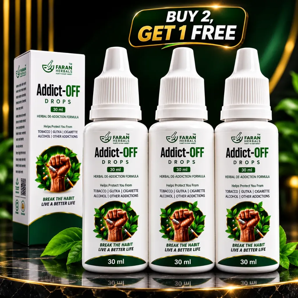 Faran Herbals Addict-OFF Drops | Buy 2 Get 1 Free | Herbal De-Addiction Support for Tobacco, Gutka, Cigarette & Alcohol Habits | Helps Manage Cravings & Supports a Healthier Lifestyle | 30 ml × 3