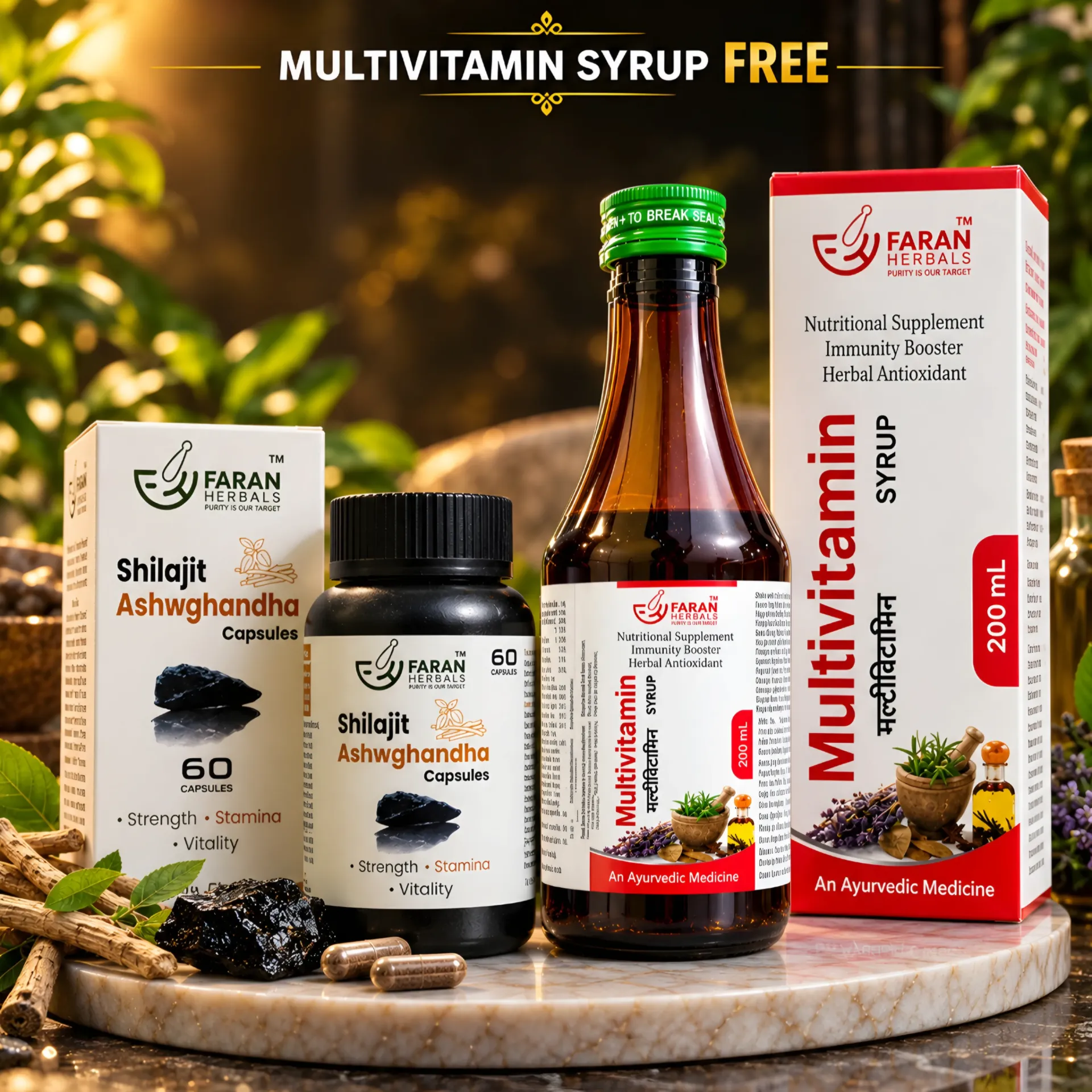 Shilajit Ashwghandha Capsules with Multivitamin Syrup FREE | Energy, Stamina, Strength, Immunity & Vitality Support Combo
