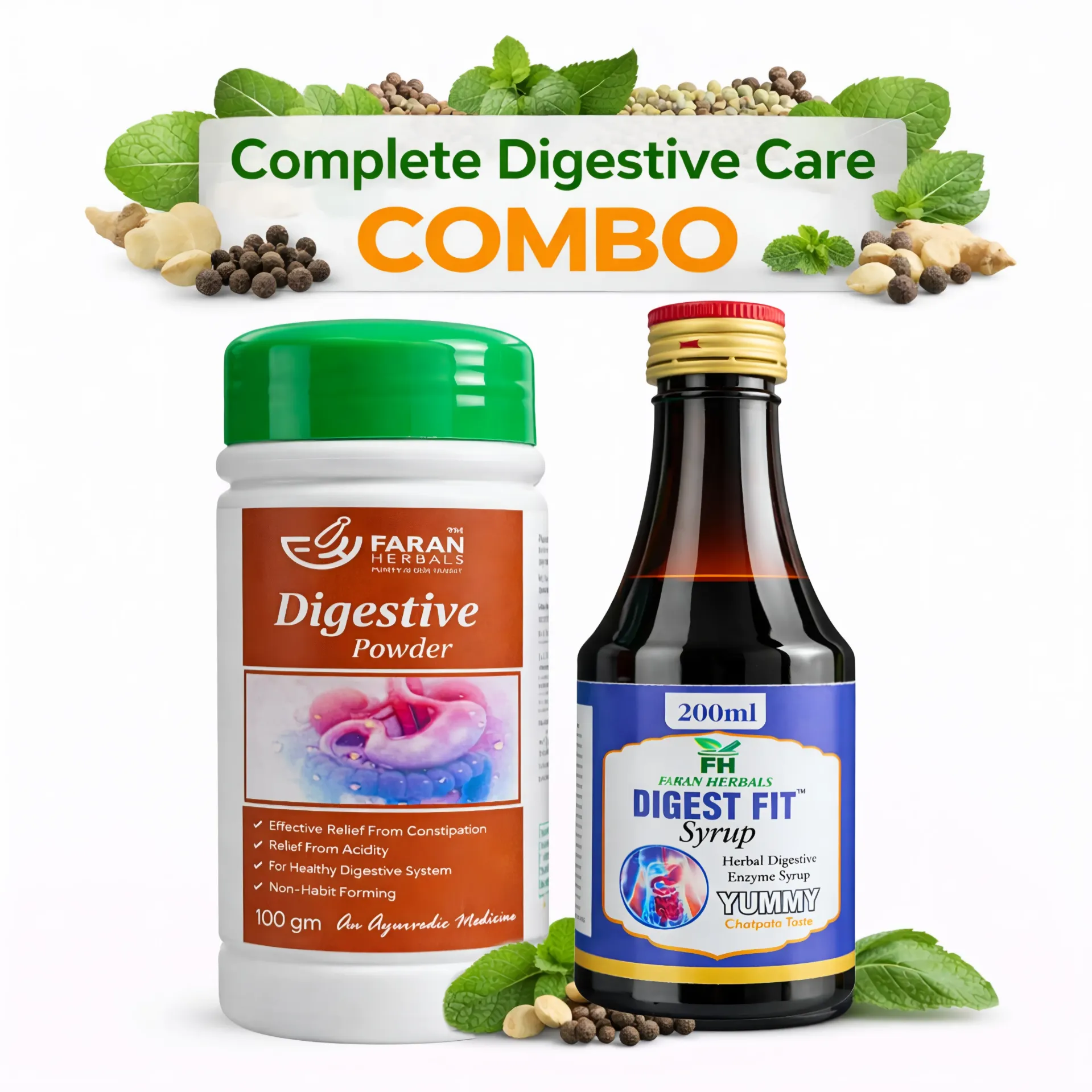 Faran Herbals Digestive Care Combo – Digestive Powder (100g) + Digest Fit Syrup (200ml) | Gas, Acidity & Constipation Relief | Ayurvedic Formula