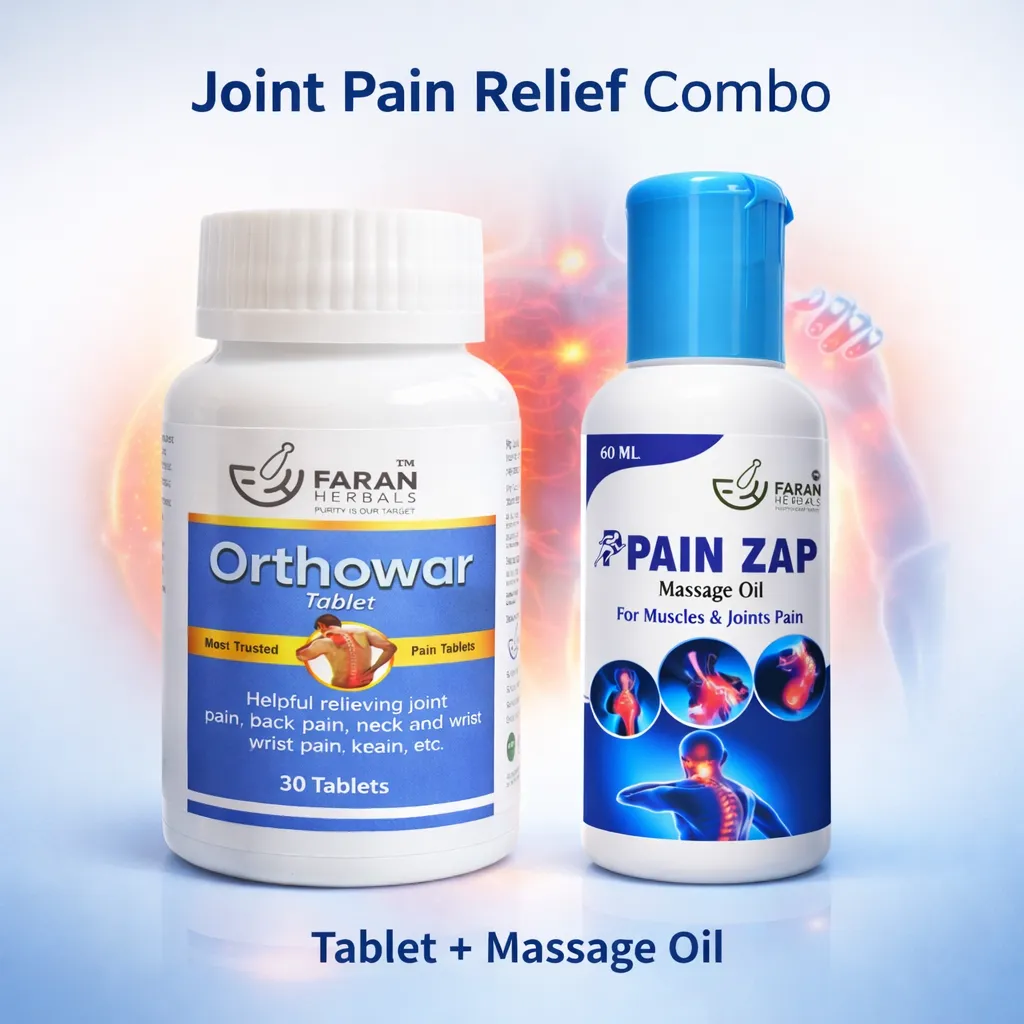 Faran Herbals Joint Pain Relief Combo – Orthowar Tablets (30 Tablets) + Pain Zap Massage Oil (60ml) | Ayurvedic Support for Joint, Back, Knee & Muscle Pain