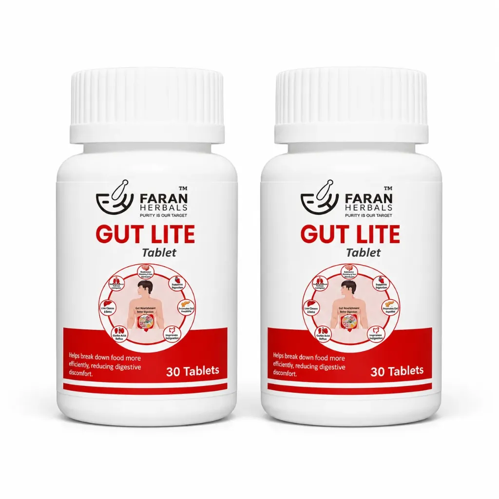 Faran Herbals Gut Lite Tablets | Ayurvedic Digestive Support Supplement | Helps Support Digestion, Gas, Acidity & Bloating Relief | With Senna, Triphala, Guduchi & Neem | 30 Tablets Each (Pack of 2)