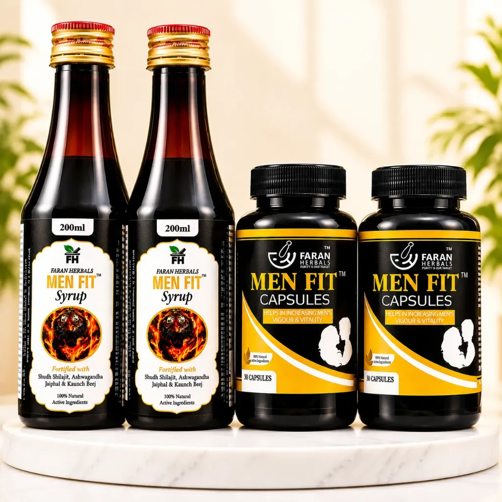 Faran  Herbals Men Fit  Ayurvedic Men's Wellness Combo | 1 Month Course Pack | 2 Herbal Syrup 200ml Each + 2 Herbal Capsules 30 Capsules Each | With Ashwagandha, Shudh Shilajit,  &Traditional Herbs