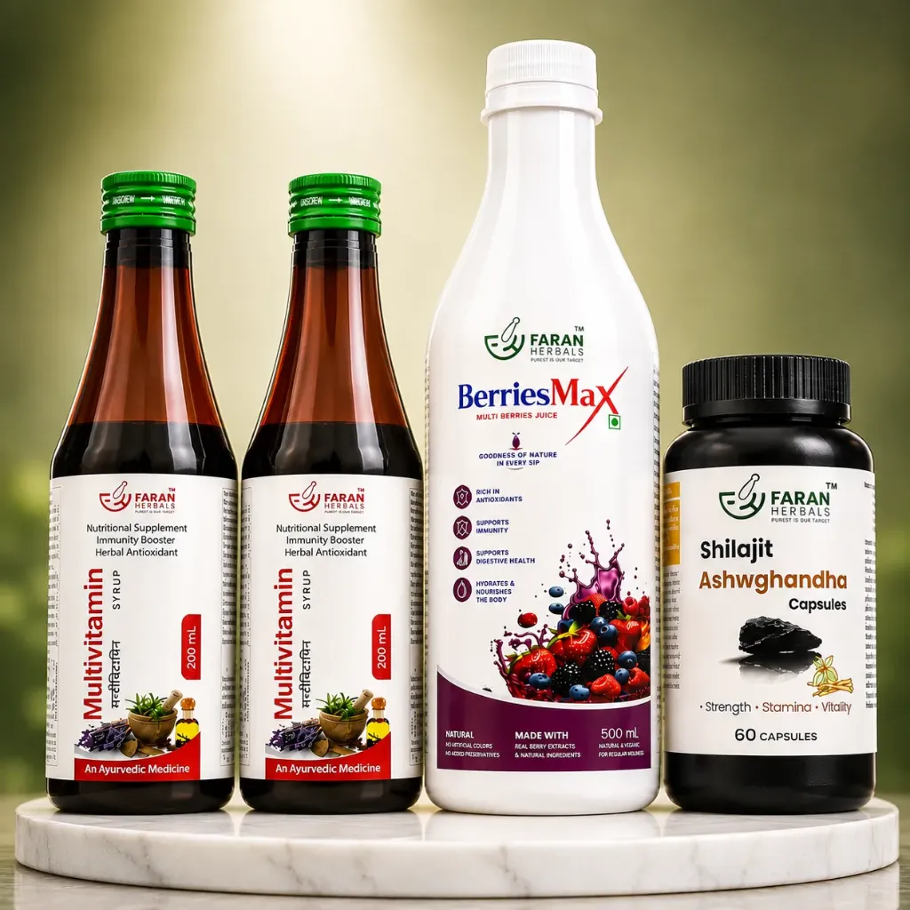 Faran Herbals Herbal Wellness Combo | 2 Multivitamin Syrup 200ml + BerriesMaX Multi Berries Juice 500ml + Shilajit Ashwagandha Capsules 60N | Herbal Daily Wellness, Energy & Vitality Support