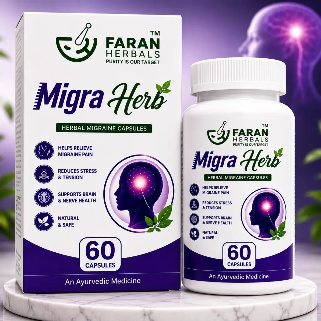 Faran Herbals MigraHerb Herbal Migraine Capsules | Supports Migraine Pain Relief, Stress & Tension, Brain & Nerve Health | 60 Capsules
